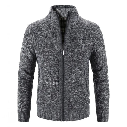Autumn Winter New Men Trendy Knitted Cardigan Fleece Zipper Sweater Men's Warm Coat Stand-up Collar Solid Color Sweater Cardigan
