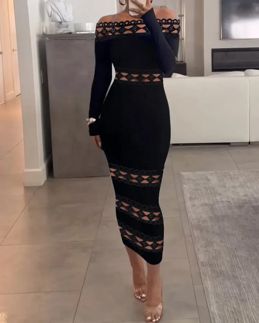Evening Party Club Bodycon Maxi Dress for Women Spring Autumn Sexy Off Shoulder Lace Patch Long Sleeve Midi Dress