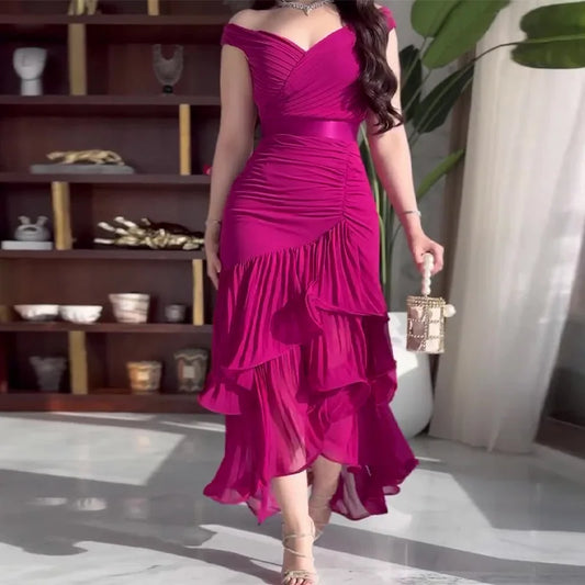 Dresses for Women 2025 Temperament Elegant Off Shoulder Ruffles Tiered Ankle Length Sleeveless Ruffle Edge Party Evening Dress