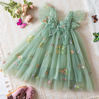 Baby Girls Dresses Princess Birthday Party Sweet Baby Girls Dresses Back Bow Wings Fairy Strap Embroidered Butterfly Mesh Dress