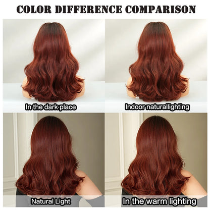 Shoulder Length Body Wave Wine Red Wig for Women High Density Synthetic Layered Modest Fashion Middle Part Wigs with Dark Roots