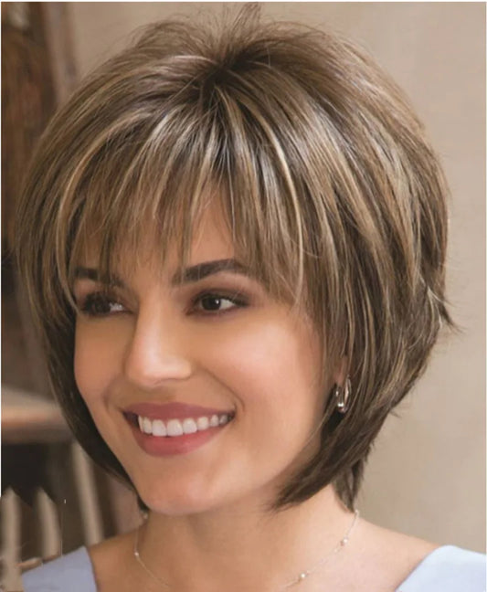 Short Hair Wigs with Bangs Dark Brown Mixed Blonde Pixie Cut Wig for Women Straight Synthetic Fiber Wigs
