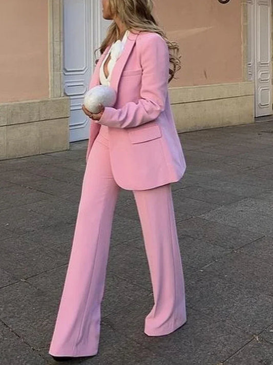 Women's Blazer New Spring Elegant Casual Office Lady Pink Jacket Coat Fashion High Waist Loose Wide Leg Trousers Pant Suit