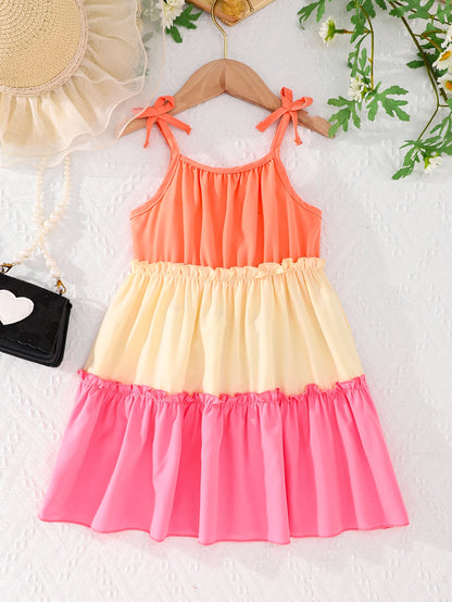 Summer New Girls Dress Casual Wear With Contrasting Color Slip Dress Holiday Beach Tour Long Dress Soft Cool And Comfortable