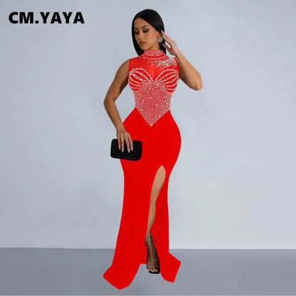 CM.YAYA Women Sleeveless Diamonds Hot Rhinestones High Side Split Mermaid Maxi Long Dress 2024 Even Sexy Party Dresses Vestidos