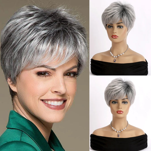 Short Grey Wigs for Women Gray White Pixie Cut Wigs with Dark Root Layered Synthetic Short Hair Wigs Natural Looking
