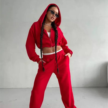 2025 New Women's Casual Long Sleeve Hooded Cropped Zip-Up Cardigan & Drawstring Sweatpants Two-Piece Active Lounge Set