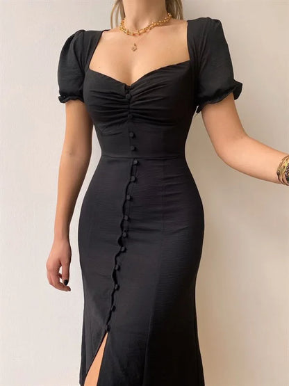 Dresses For Women 2025 Summer New V Neck Short Sleeve Single-breasted Midi Dress Elegant Holiday Casual Robes Sexy Slit Vestidos