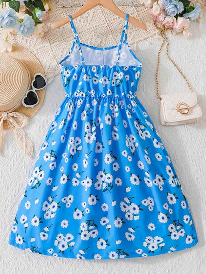 Girls' blue floral dress: light and comfortable, cool for summer, lively suspender design