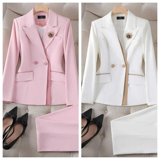 Fashion Pink White Women Pant Suit 2 Piece Set Office Ladies Female Business Work Wear Formal Blazer Jacket And Trouser