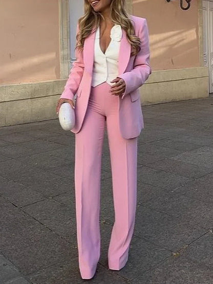 Women's Blazer New Spring Elegant Casual Office Lady Pink Jacket Coat Fashion High Waist Loose Wide Leg Trousers Pant Suit