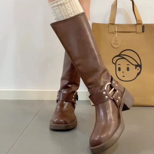 Winter Women Knee High Boots Fashion Belt buckle Long Boots Female Elegant Thick Heel Women's Knight Botties
