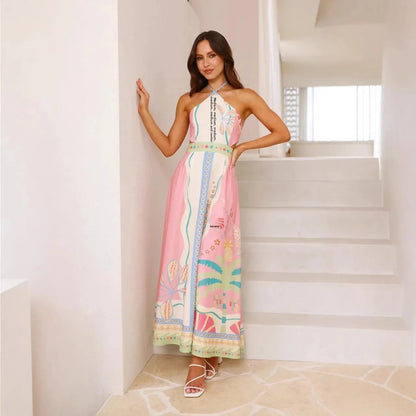 Sexy Long Neck Hanging Strap Backless Dress New 2025 Independent Station Cross-Border Sleeveless Knee-Length Polyester Fiber