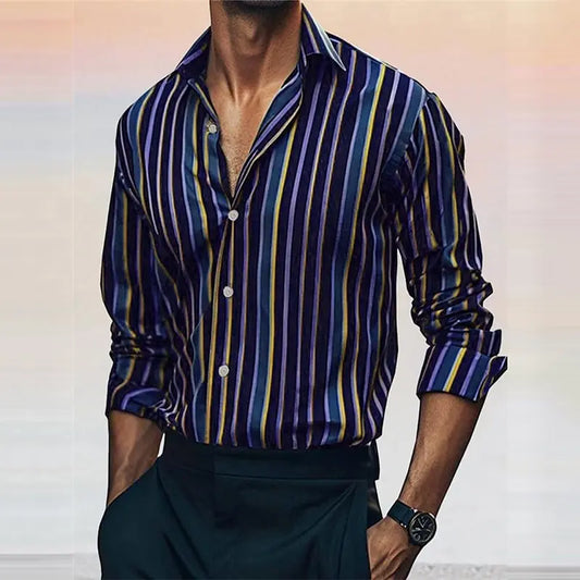 Men's striped shirt fashionable casual outdoor long sleeved lapel button soft and comfortable material new style