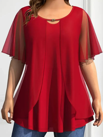 Plus Size Chiffon Blouse Women Top Solid O Neck Loose Pullover Short Sleeve Shirts Blouse Women'S Clothing Casual Summer Top