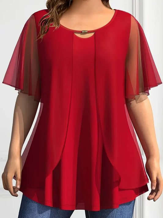 Plus Size Chiffon Blouse Women Top Solid O Neck Loose Pullover Short Sleeve Shirts Blouse Women'S Clothing Casual Summer Top