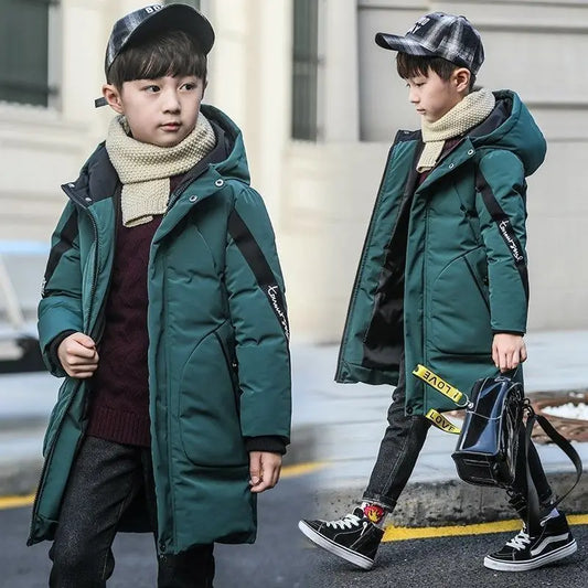 2025 Boys down Winter Thick Coat Teen Parka Children Plus Velvet Warm Jackets Fashion Hooded Outwear Kids Clothes 4 8 10 12 year