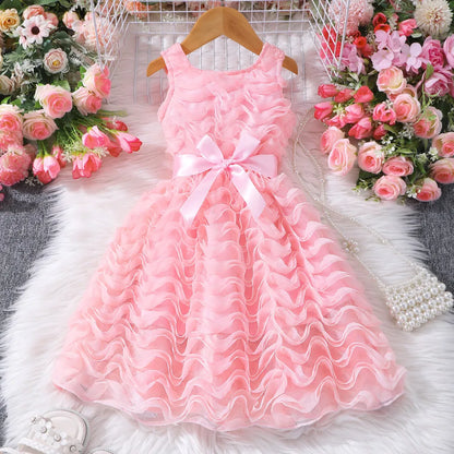Kids Girl Pink Dress Elegant Short Sleeve Floral Toddler Girls Summer Dresses Cute Fashion Sweet Children Dress 3 4 5 6 7 Yrs
