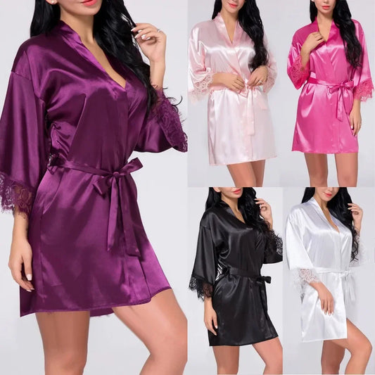 Fabric Women Sleepwear Pajamas High Quality Practical Women Sleepwear Belt Bride Dressing Kimono Lace Ladies Fashion