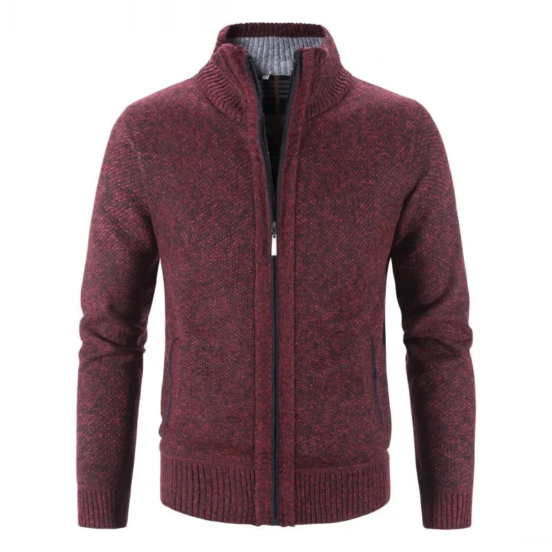 Autumn Winter New Men Trendy Knitted Cardigan Fleece Zipper Sweater Men's Warm Coat Stand-up Collar Solid Color Sweater Cardigan