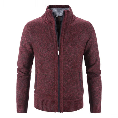 Autumn Winter New Men Trendy Knitted Cardigan Fleece Zipper Sweater Men's Warm Coat Stand-up Collar Solid Color Sweater Cardigan