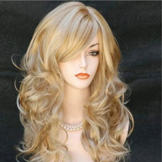 Ladies Golden Long Curly Wig Transparent Lace Front Human Hair Fashion Blonde Party Costume for Women Heat Fiber Wigs