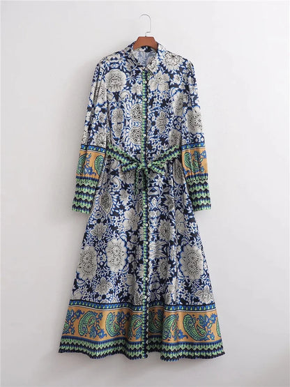Woman Casual Blue Long Print Shirt Dresses 2025 Spring Female High Waisted Sashes Dress Ladies Long Sleeve Button Dresses