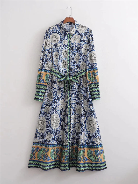 Woman Casual Blue Long Print Shirt Dresses 2025 Spring Female High Waisted Sashes Dress Ladies Long Sleeve Button Dresses