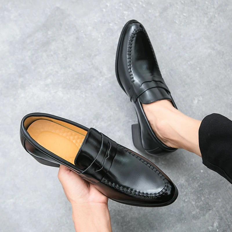 Men Retro Dress Shoes Black Brown Medium High Heels European and American Business Banquet Cuban Leather Shoes Size 38-45