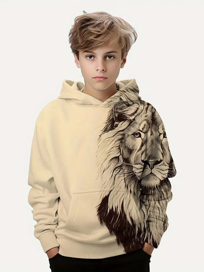 Stylish Lion 3D Printing Boys Casual Pullover Long Sleeve Hoodies Sweatshirt For Spring Fall Kids Hoodies Tops Outdoor Clothing