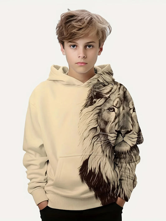 Stylish Lion 3D Printing Boys Casual Pullover Long Sleeve Hoodies Sweatshirt For Spring Fall Kids Hoodies Tops Outdoor Clothing
