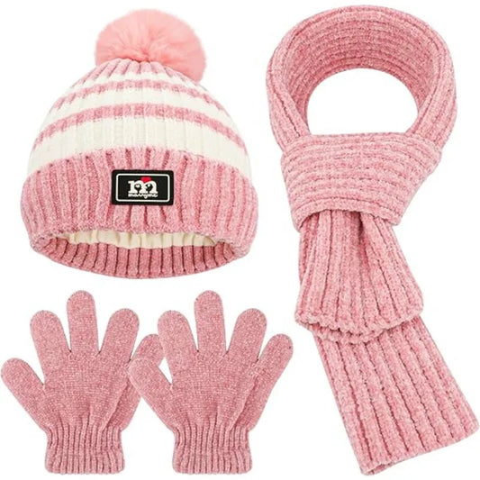 Children's winter hat scarf glove set, warm hat with neck warm gloves hat scarf suitable for girls and boys 6-14 years old.