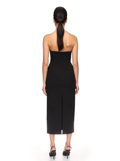 Sexy Strapless V Neck Diamonds Bandage Dress Women Black Sleeveless Backless Shiny Bodycon Midi Dresses Celebrity Party Gowns
