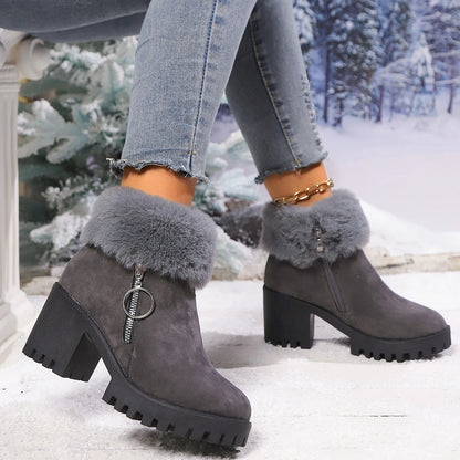 Women's Boots Winter for Ankle Rubber Outsole Warm Cotton Leather Fur Integrated Boots Botas Mujer Platform Ankle Boots Elegant