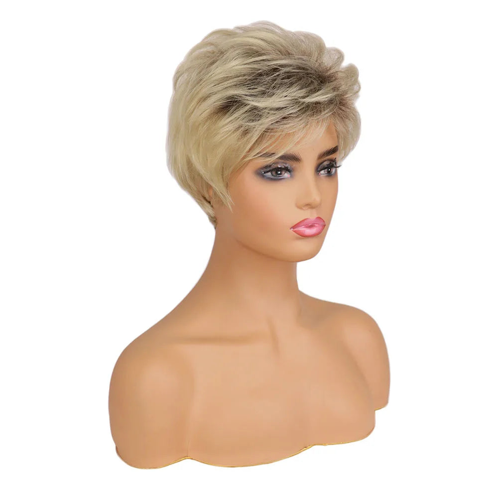 Short Pixie Cut Synthetic Wigs for White Women Dark Root Gradient Blonde Wigs Hair Replacement Wigs for Women