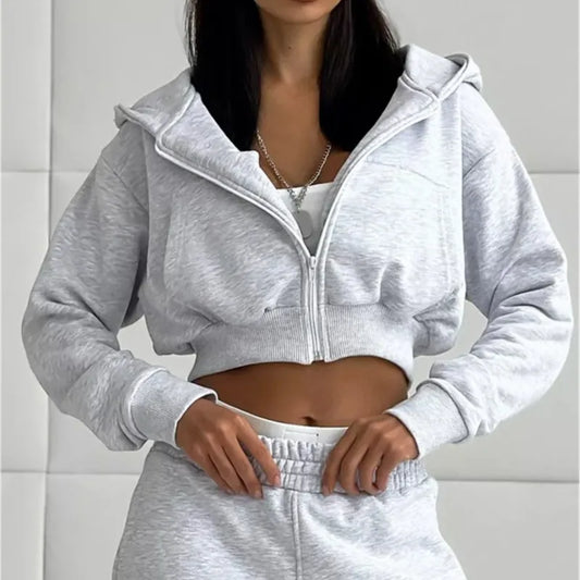 2025 New Women's Casual Long Sleeve Hooded Cropped Zip-Up Cardigan & Drawstring Sweatpants Two-Piece Active Lounge Set