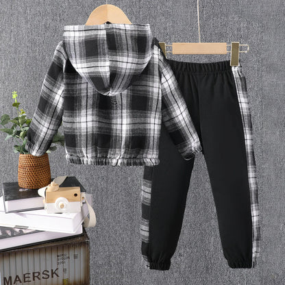2pcs Boy's Plaid Button Hooded Outfit, Hoodie & Pants Set, Boys Clothes, As Gift