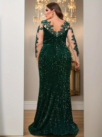 Curve Evening Party Long Dress Lace Patchwork Sequined Velvet Full Sleeved Hollow Out Maxi Prom Gown for Women