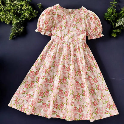 Summer Girls Floral Dresses for Kids Clothes Baby Flower Outfits Cotton Teenager Short Sleeve Children Costumes 4 6 8 9 12 Years