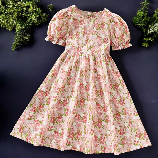 Summer Girls Floral Dresses for Kids Clothes Baby Flower Outfits Cotton Teenager Short Sleeve Children Costumes 4 6 8 9 12 Years