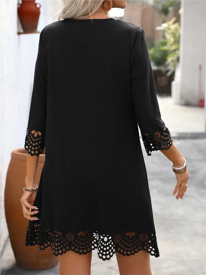 Fashion Elegant Women Dresses V-Neck Three Quarter Sleeve Hollow Out Hem A-Line Dress Female Casual Holiday Ladies Dresses 2025