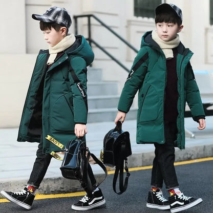 2025 Boys down Winter Thick Coat Teen Parka Children Plus Velvet Warm Jackets Fashion Hooded Outwear Kids Clothes 4 8 10 12 year