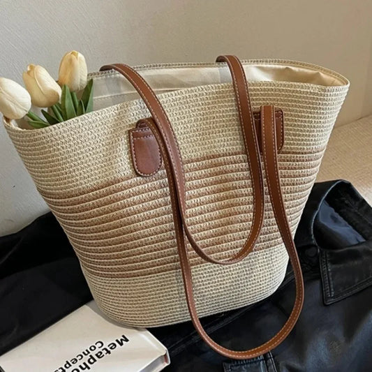 2025 New Beach Seaside Handbag Women's Summer Straw Bag Inswind Outdoor Travel Vacation Beach Bag Large Capacity Shoulder Bag