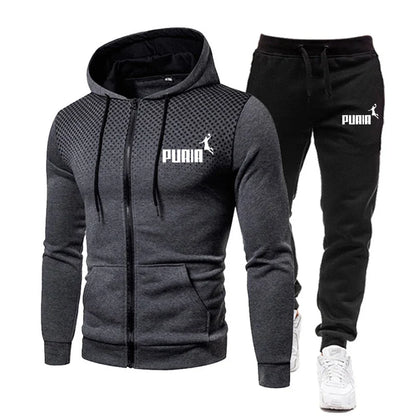 2025 New men's sportswear hooded printed top + leisure entertainment trend polka dot fast run leisure fitness sportswear set