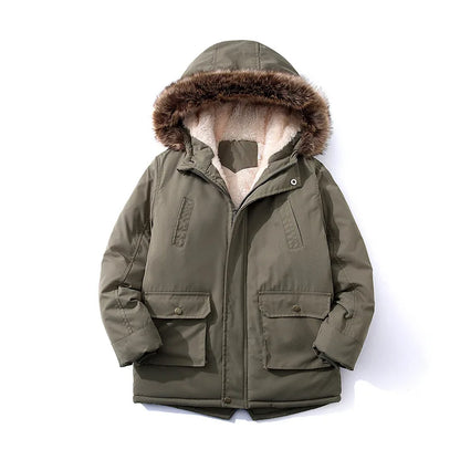 Children's down jacket new winter boys' and girls' Plush warm medium length jacket hooded large wool collar cotton padded jacket