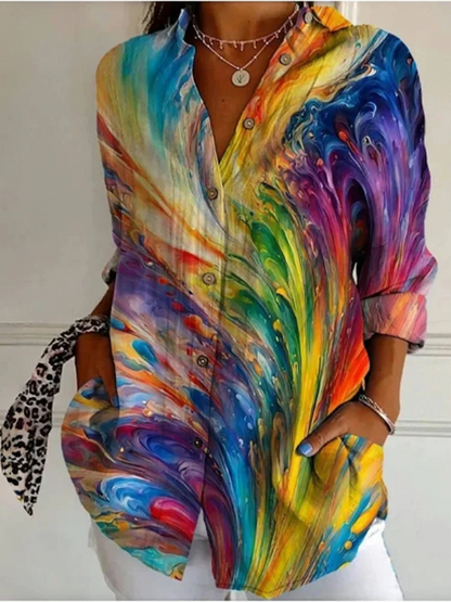 Lapel Button Long Sleeved Geometric Printed Women's Shirt High Street Fashion Artistic Retro Style Spring Top