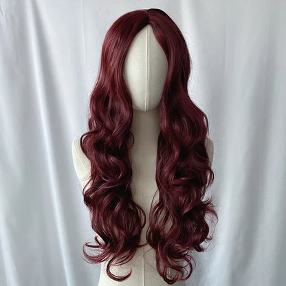 European and American Synthetic Wig Wine Red In Large Waves Long Curly Hair Women Fashion Daily Party Use Full Head Cover