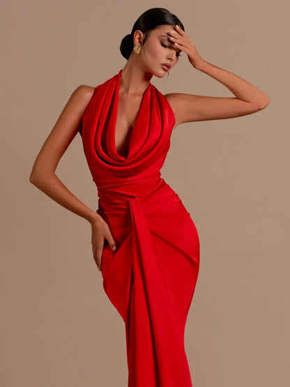 Sexy Swinging Collar Backless Pleated Long Dress Women Red Stain Sleeveless Draped Design Maxi Dress Celebrity Party Club Runway