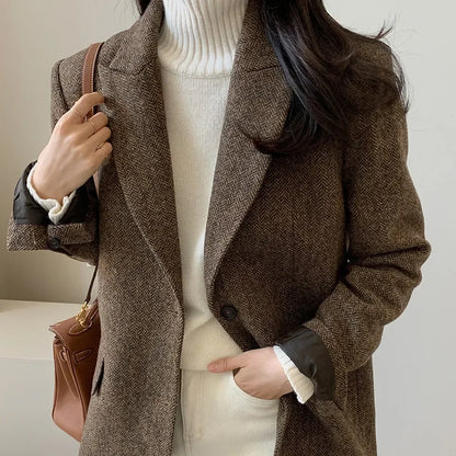 Women Blazers Coats Notched Full Sleeve Slim Fit Elegant Splice Suits Single Breasted Coat Autumn Winter 2024 Blazer Outerwear