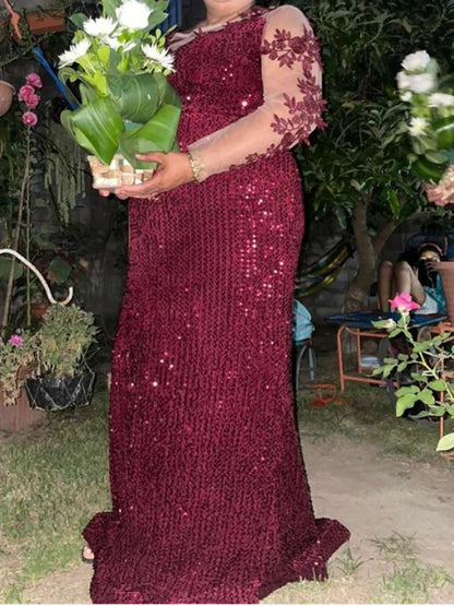 Curve Evening Party Long Dress Lace Patchwork Sequined Velvet Full Sleeved Hollow Out Maxi Prom Gown for Women